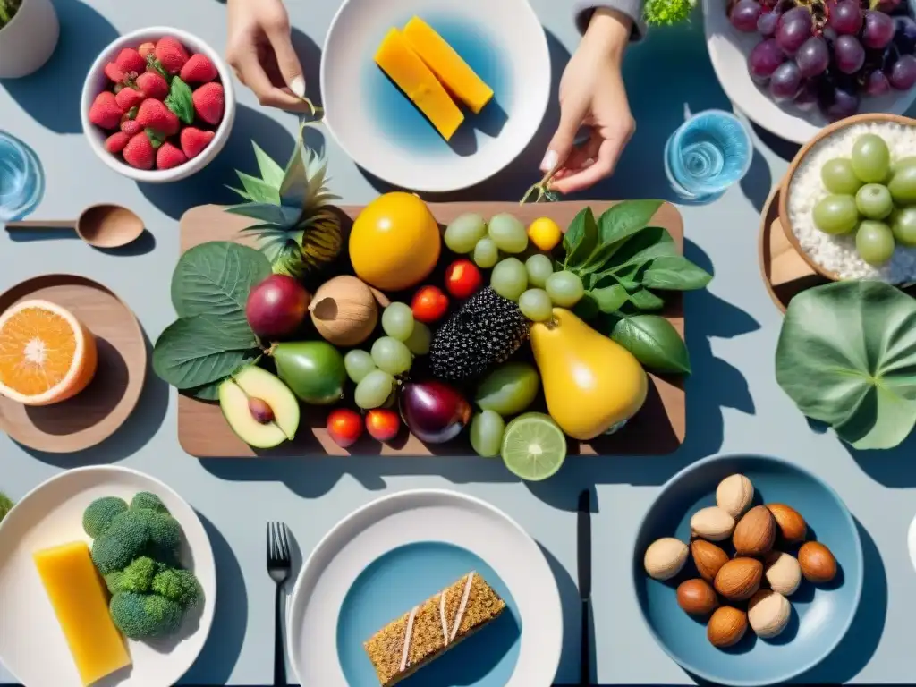 Una mesa al aire libre con personas diversas disfrutando de un festín saludable sin gluten y paleo, en un ambiente inclusivo y vibrante