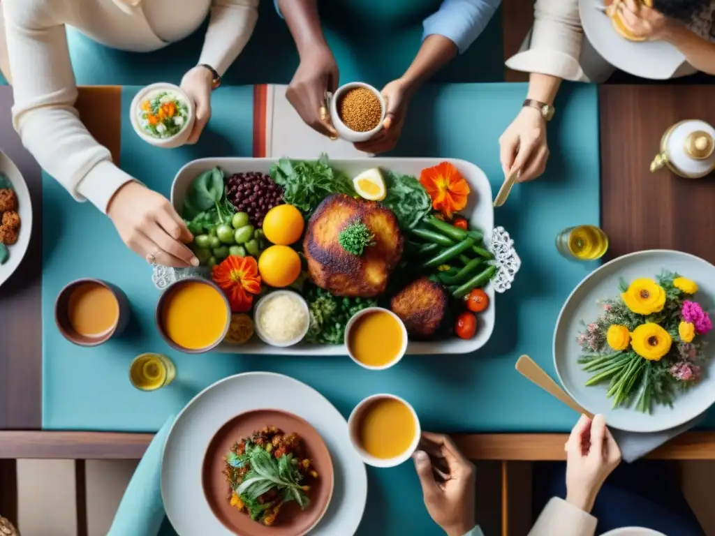 Una mesa alegre y diversa de personas disfrutando de una comida sin gluten en distintos idiomas