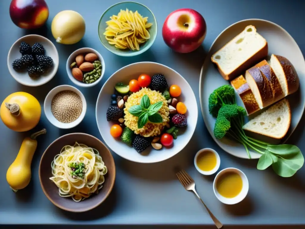 Una mesa de alimentos coloridos y saludables sin gluten, bañada por la luz solar