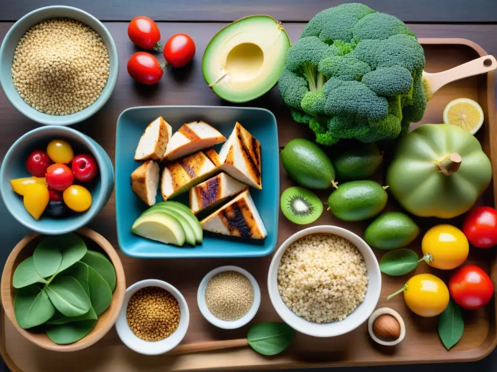 Una mesa de alimentos saludables sin gluten, con frutas, verduras, granos integrales, frutos secos y proteínas magras