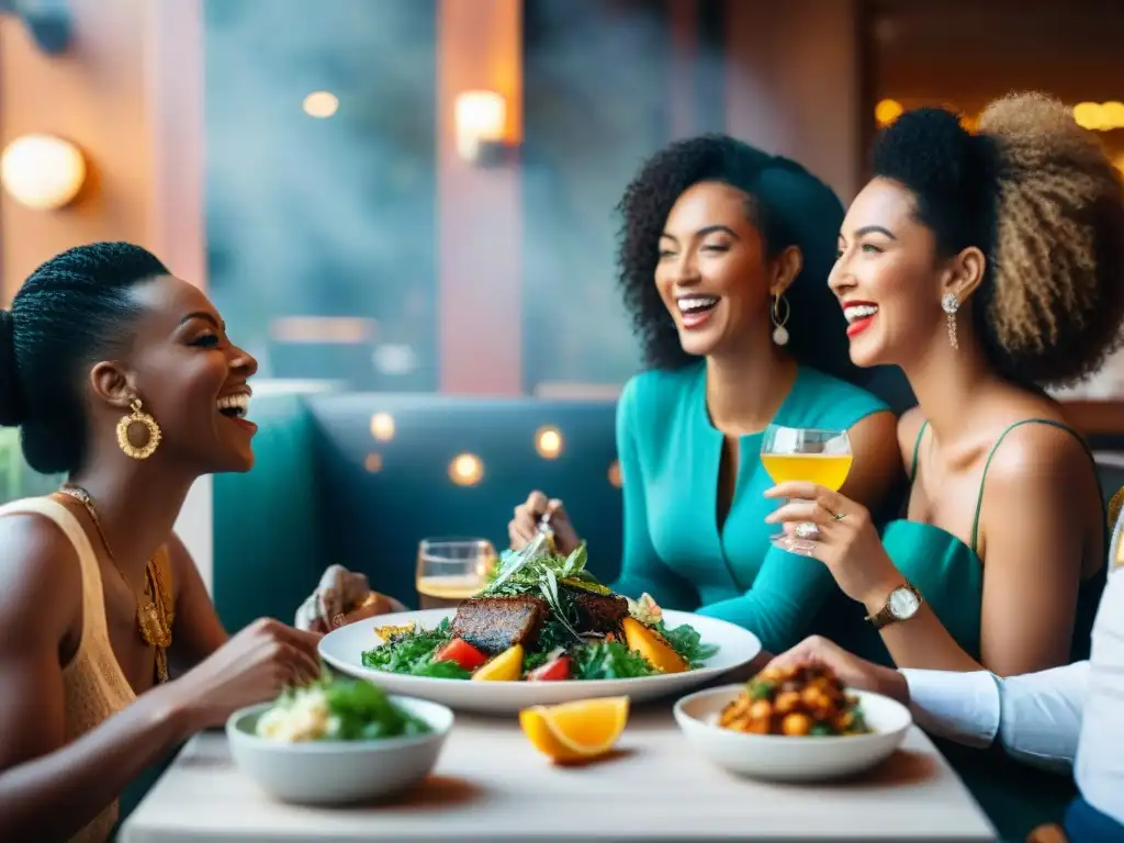 Una mesa de amigos diversa disfrutando de una comida sin gluten en un restaurante de moda