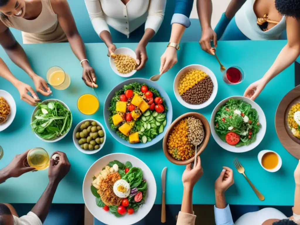 Una mesa con amigos felices, disfrutando de recetas sin gluten para alergias, compartiendo risas y deliciosos platillos