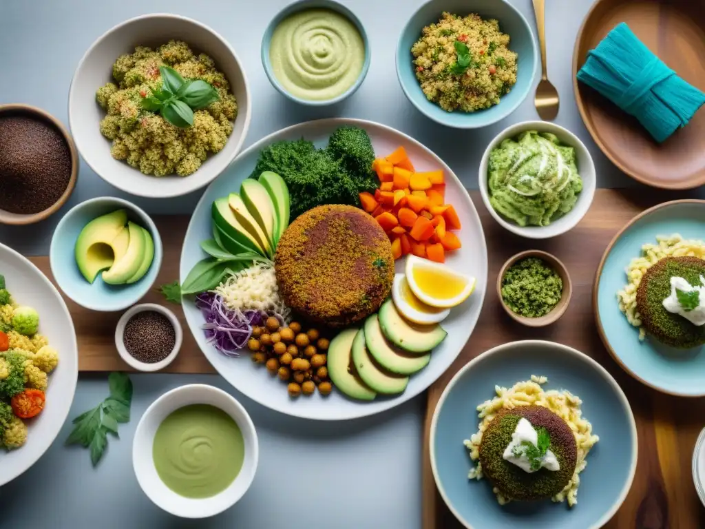 Una mesa bellamente arreglada con recetas sin gluten veganas innovadoras en detalle 8k