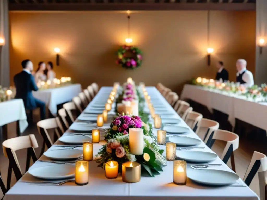 Mesa de banquete elegante en boda con delicias sin gluten y flores, creando ambiente cálido