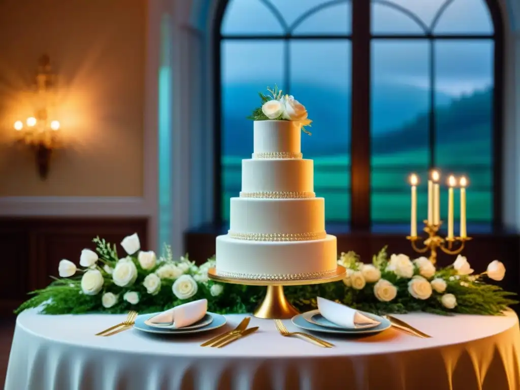 Una mesa de boda elegante con un exquisito pastel sin gluten como pieza central, rodeada de decoración lujosa y consejos sin gluten para eventos