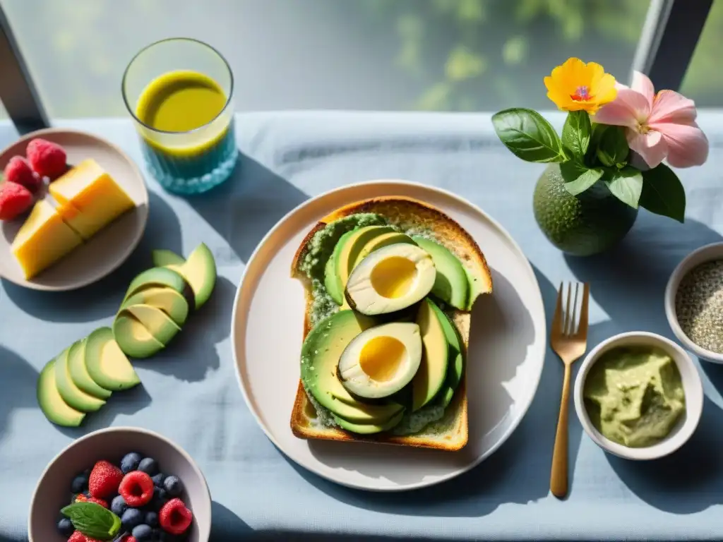 Una mesa de brunch domingo libre gluten con avocado toast, quiche y chía pudding, iluminada por luz natural