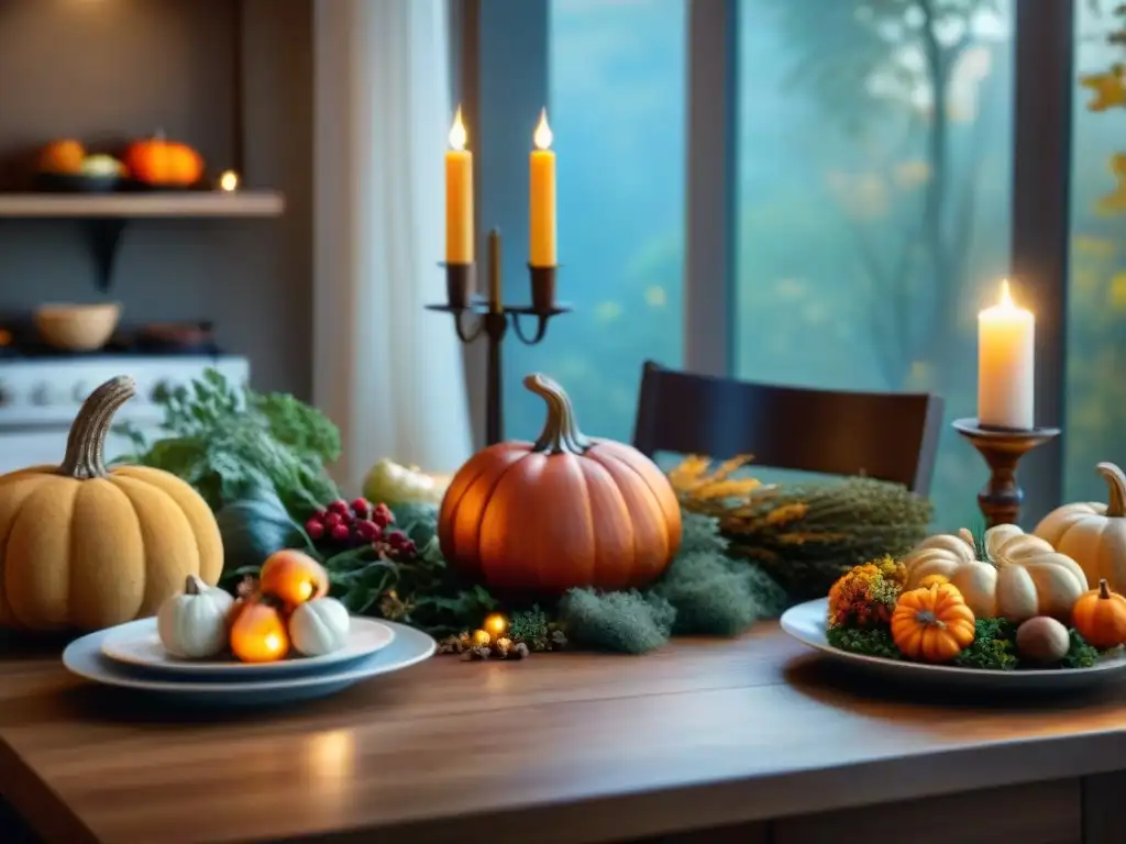 Una mesa de cena acogedora con platos sin gluten, decorada con motivos de otoño