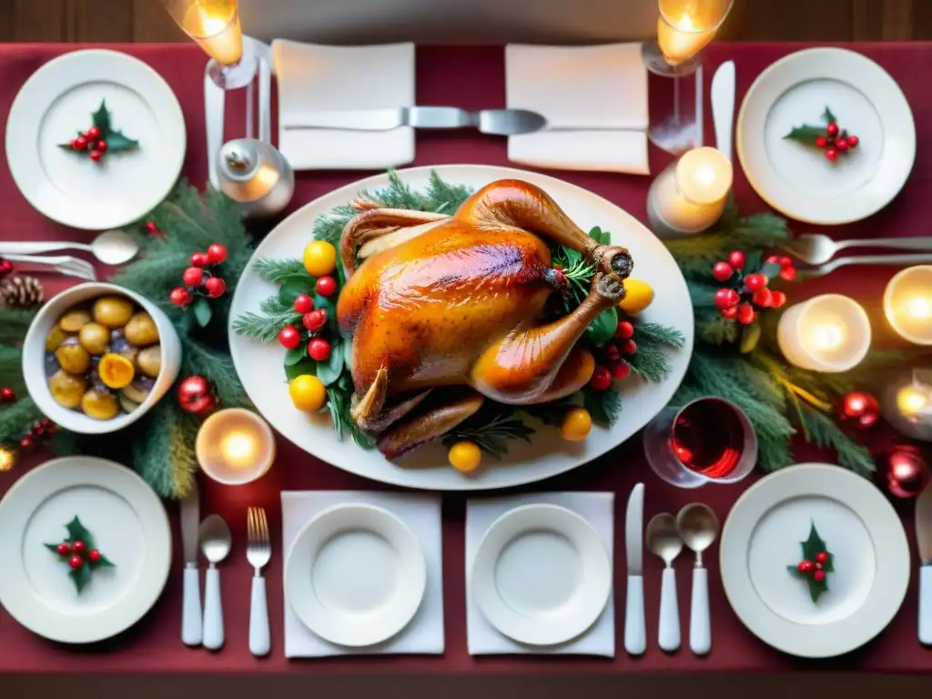 Una mesa de cena navideña sin gluten completa con pavo asado, jamón glaseado y vegetales, rodeada de decoraciones festivas