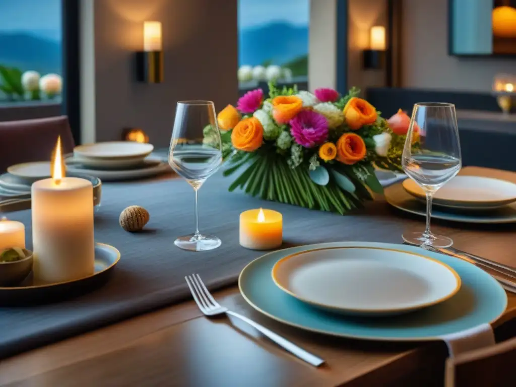 Una mesa de cena bellamente decorada al atardecer, con platos gourmet sin gluten