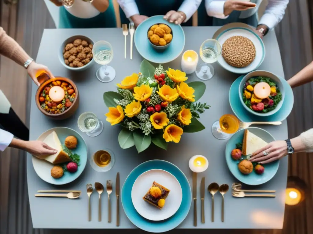 Una mesa de cena elegantemente decorada con exquisitos platos sin gluten, rodeada de invitados felices brindando, iluminada por cálidas velas