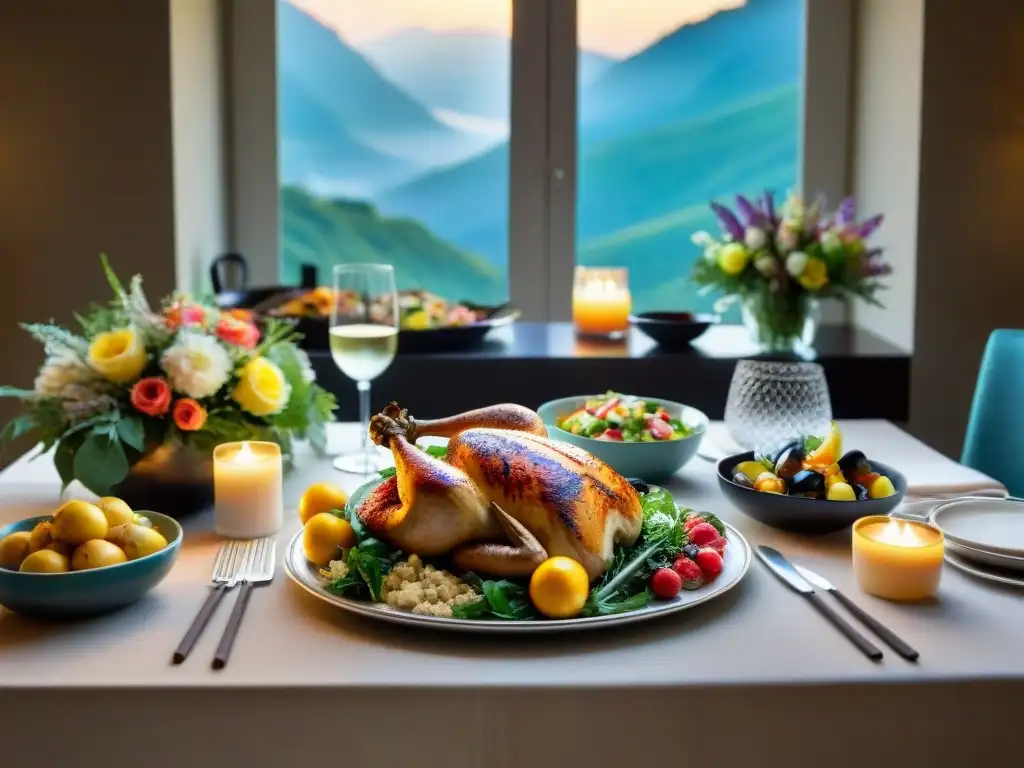 Una mesa de cena delicadamente decorada con menús sin gluten saludables semanales, evocando abundancia culinaria