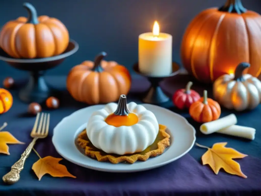 Una mesa de cena de Halloween sin gluten bellamente decorada con platos espeluznantes, creando una atmósfera festiva