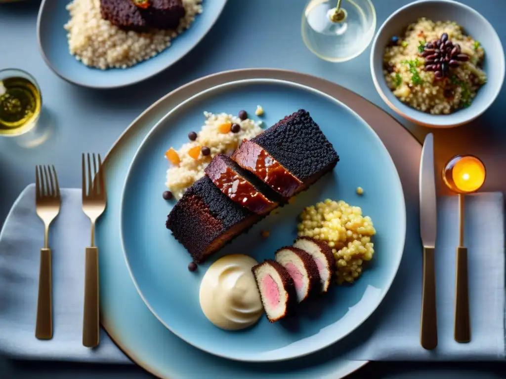 Una mesa de cena exquisitamente decorada con platos sin gluten fáciles, iluminada por velas suaves