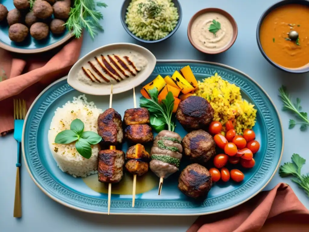 Una mesa de cena egipcia con exquisitas recetas kofta sin gluten, decorada con elegancia en un animado mercado al atardecer