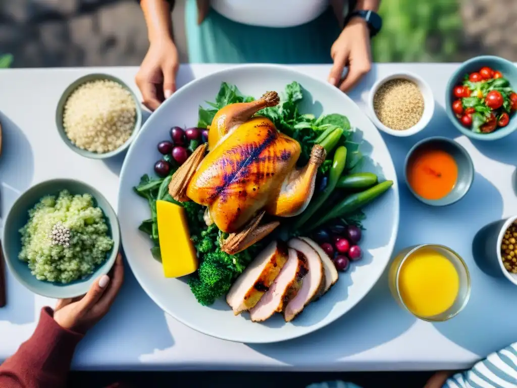 Una mesa de cena elegante con platos sin gluten y restricciones, rodeada de diversidad y celebración