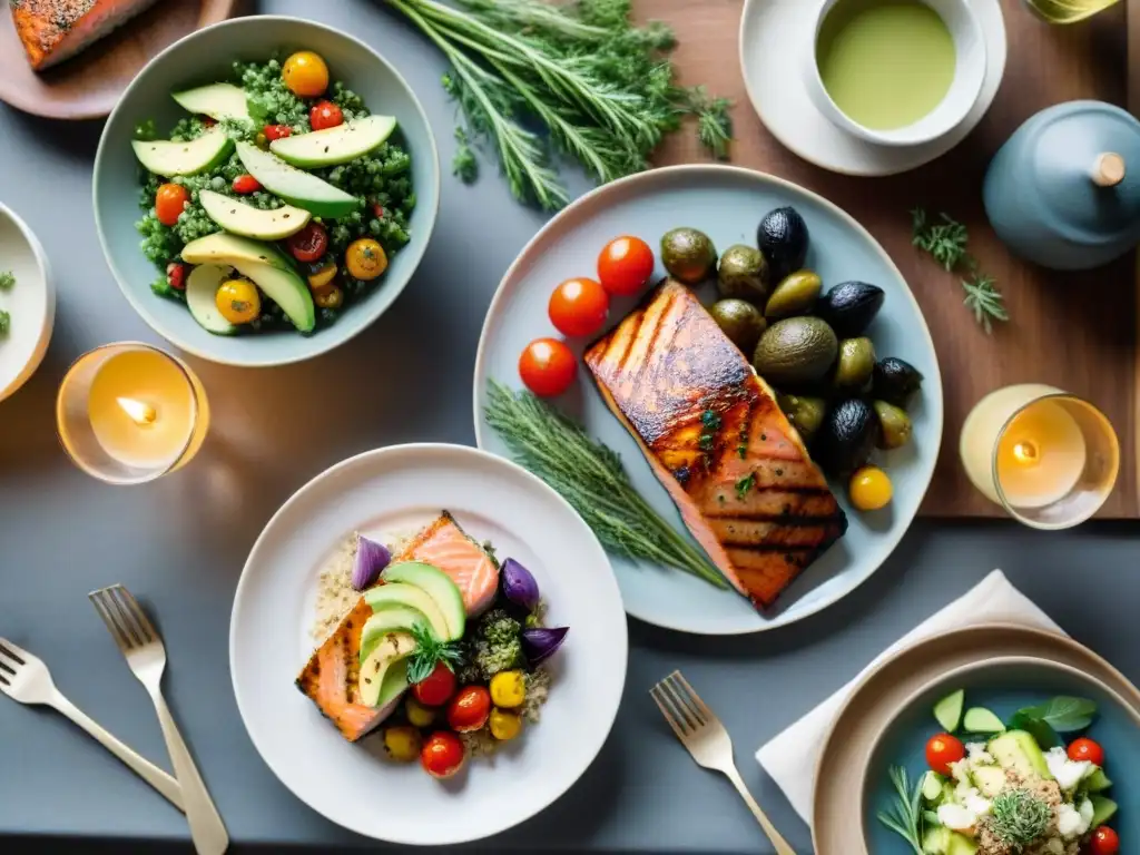 Una mesa de cena elegante con platos sin gluten variados y coloridos