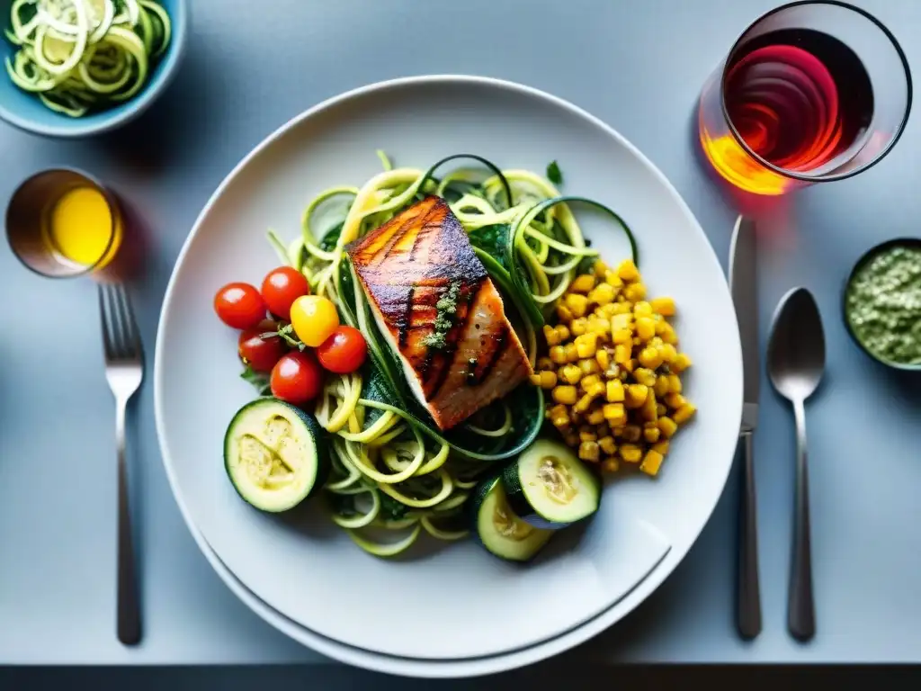 Una mesa de cena elegante con platos innovadores sin gluten, exudando frescura y colores vibrantes