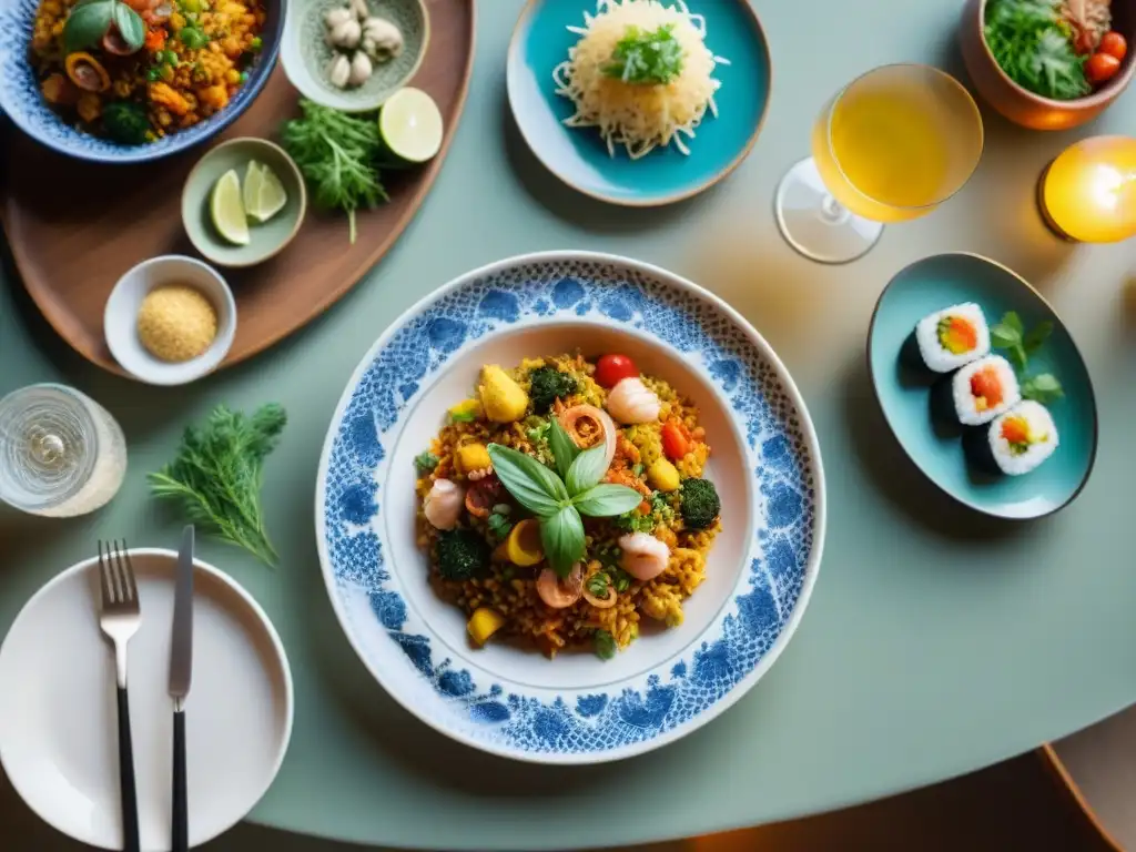 Una mesa de cena elegante con una vibrante variedad de platos internacionales sin gluten innovadores