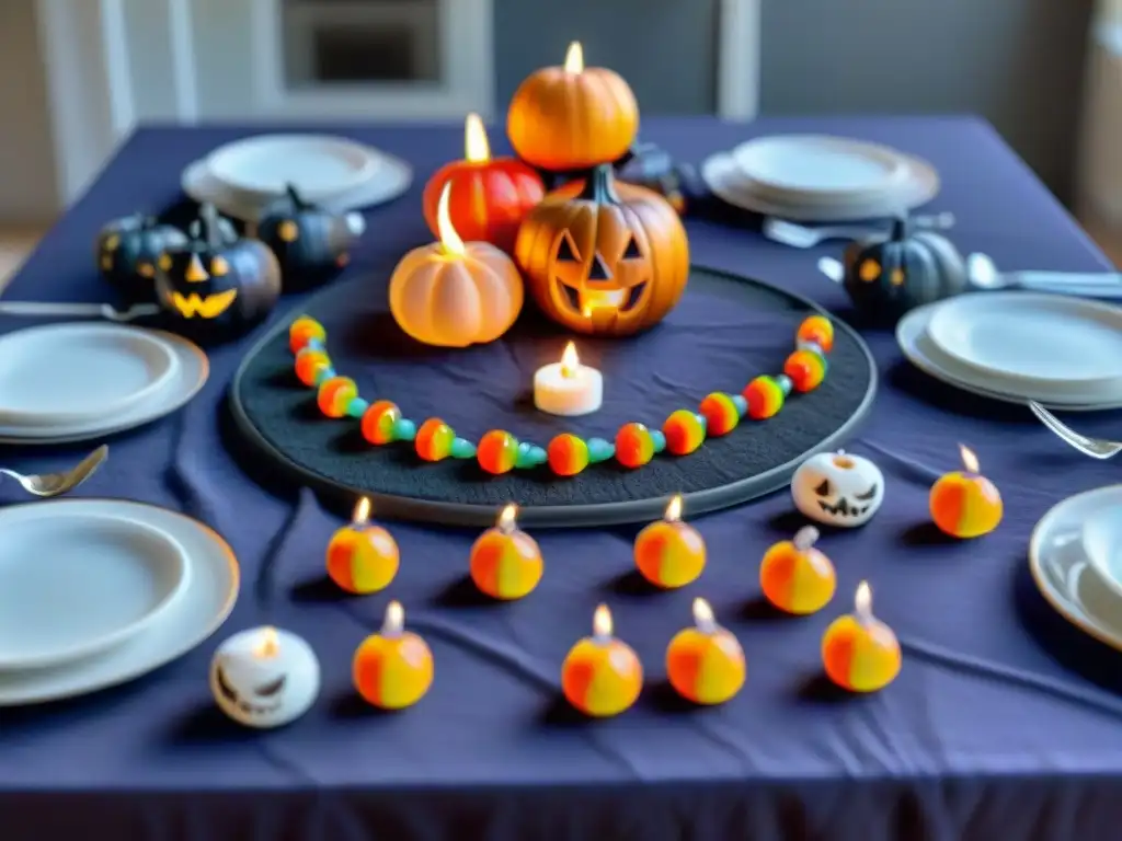 Una mesa de cena de Halloween sin gluten llena de golosinas coloridas y decoraciones festivas