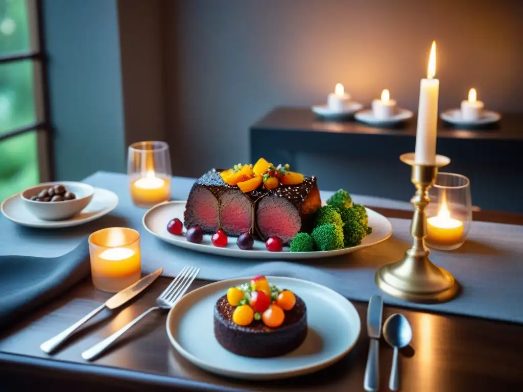 Una mesa de cena lujosa con recetas sin gluten: ensalada de quinua, filete con verduras y pastel de chocolate sin harina