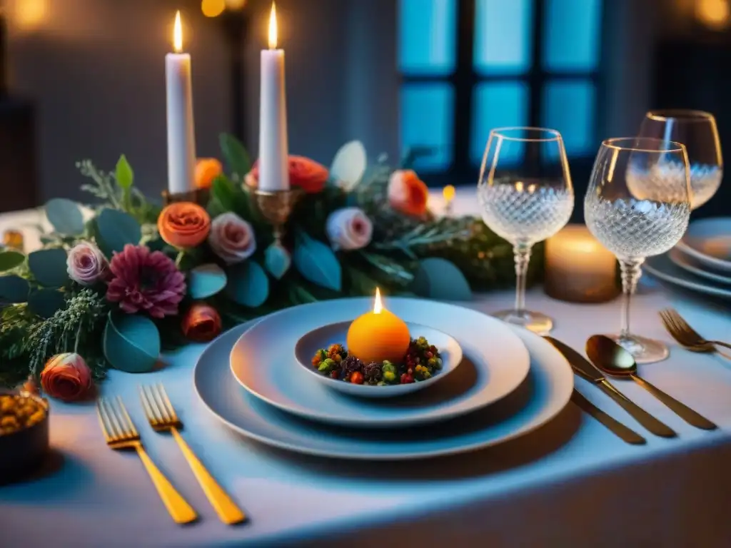 Una mesa de cena romántica sin gluten, con decoración elegante y exquisita comida, iluminada por cálida luz de velas