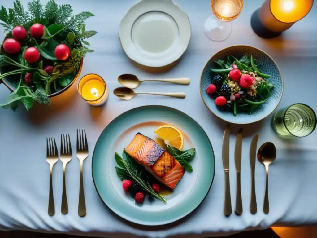 Una mesa de cena romántica sin gluten con salmón a la naranja, papas al romero y ensalada de frutos rojos