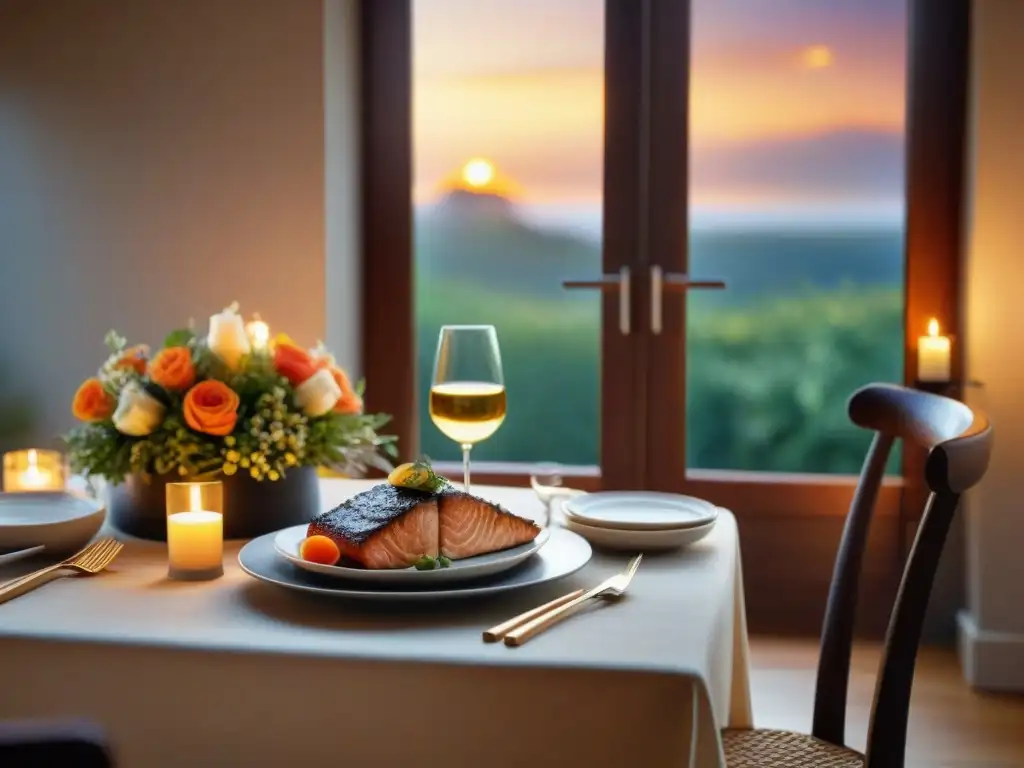 Una mesa de cena romántica sin gluten con salmón a la parrilla, ensalada de quinua y pastel de chocolate, iluminada por velas