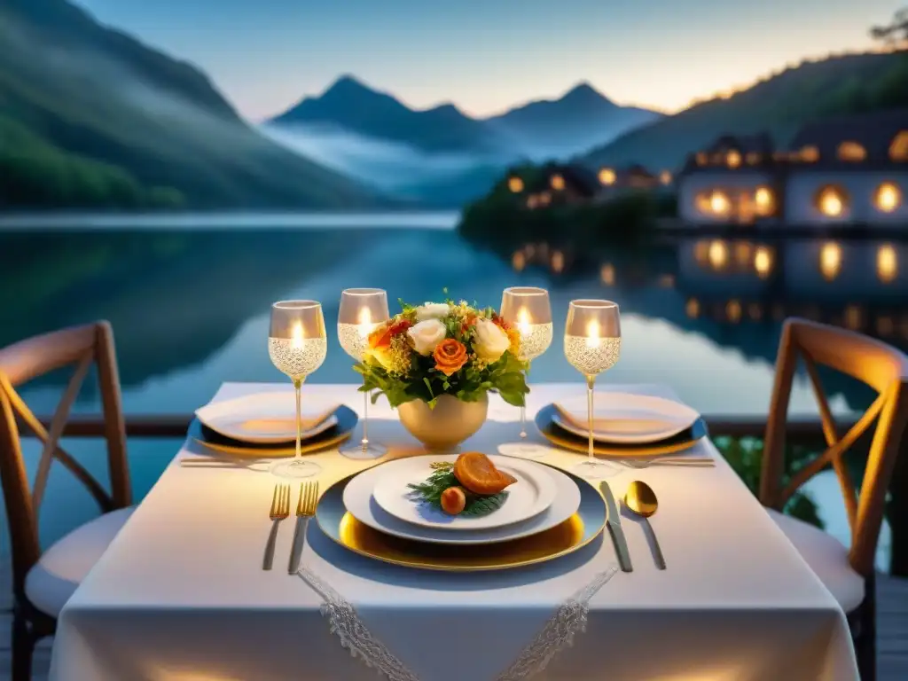 Una mesa de cena romántica sin gluten en terraza al atardecer junto a un lago sereno