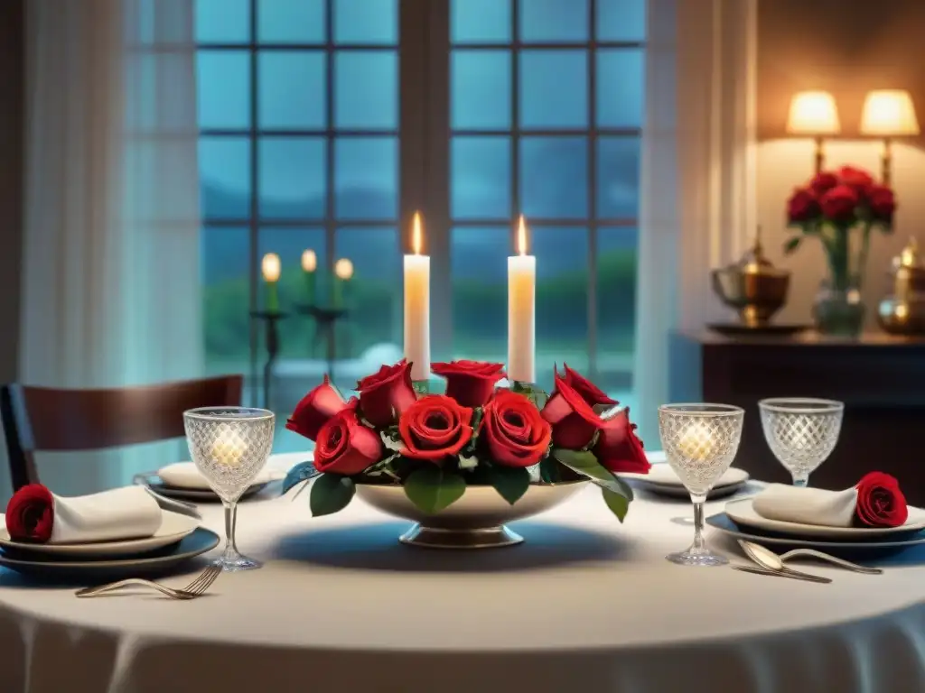 Una mesa de cena romántica sin gluten, con vajilla blanca elegante, velas titilantes y un arreglo de rosas rojas vibrantes