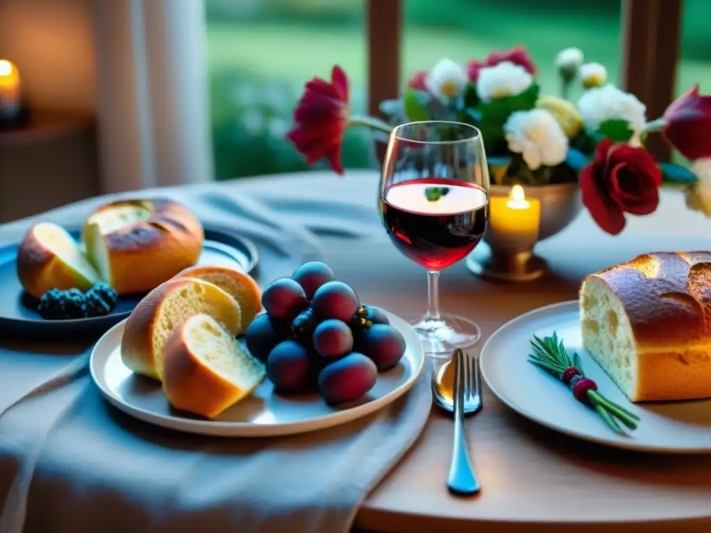 Una mesa de cena romántica sin gluten con vino tinto y velas, perfecta para Recetas cena romántica sin gluten