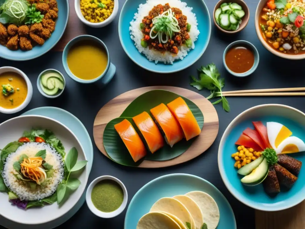 Una mesa de cocina internacional sin gluten innovadora, con sushi, curry, tacos y ensaladas, detallados y vibrantes