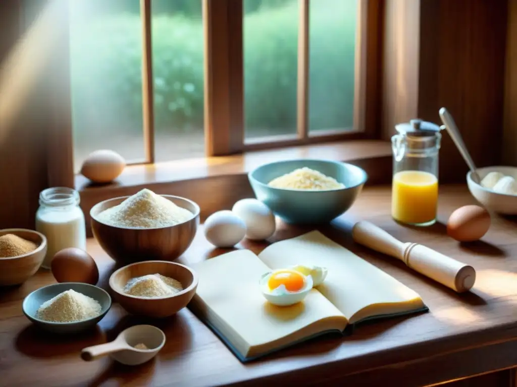 Una mesa de cocina de madera con ingredientes para recetas sin gluten con tapioca, iluminada por el sol