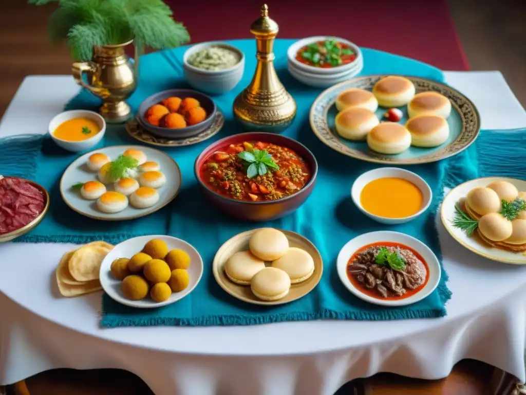 Una mesa de cocina rusa sin gluten, con blinis, borsch y estrogonof, decorada con detalles tradicionales y colores vibrantes