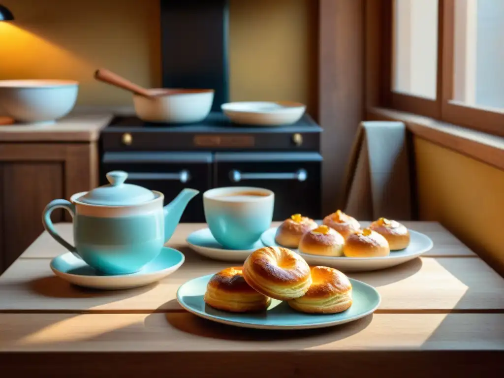 Una mesa de cocina rústica en Teruel con delicias sin gluten: croissants, panecillos dorados y financieros de almendra