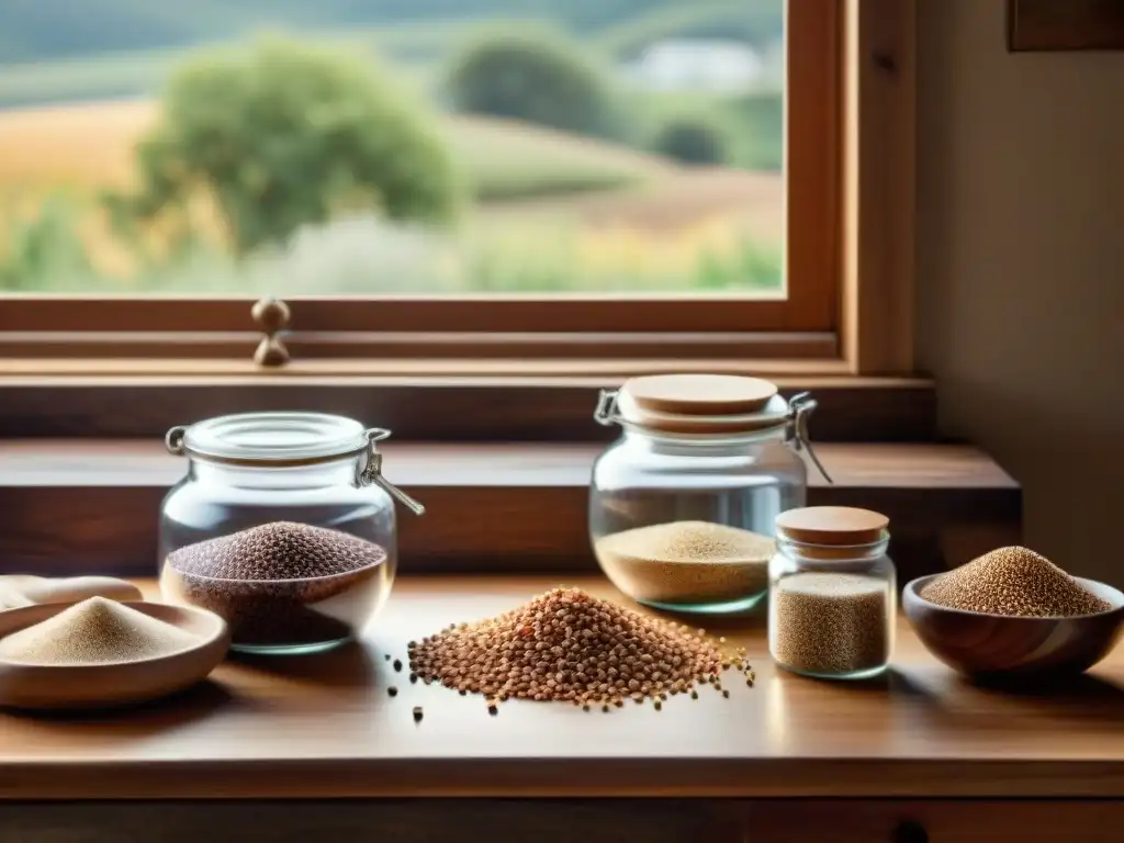 Una mesa de cocina rústica con granos antiguos en burlap y tarros de vidrio