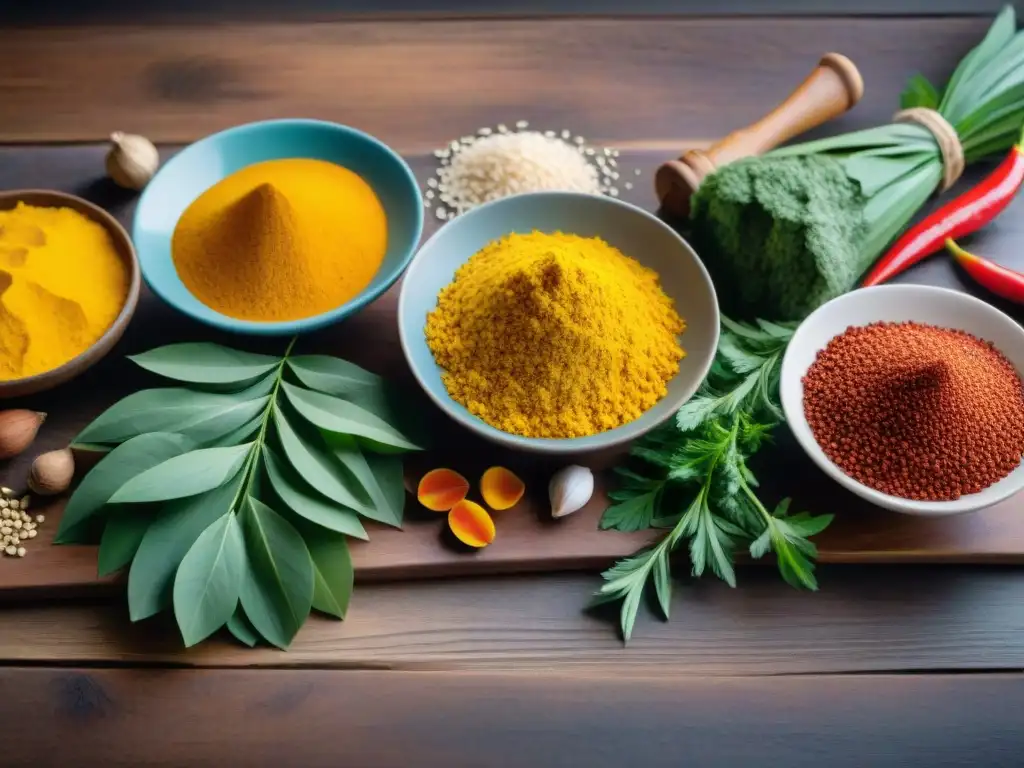 Una mesa de cocina rústica con ingredientes internacionales sin gluten vibrantes y coloridos, creando una atmósfera culinaria inspiradora