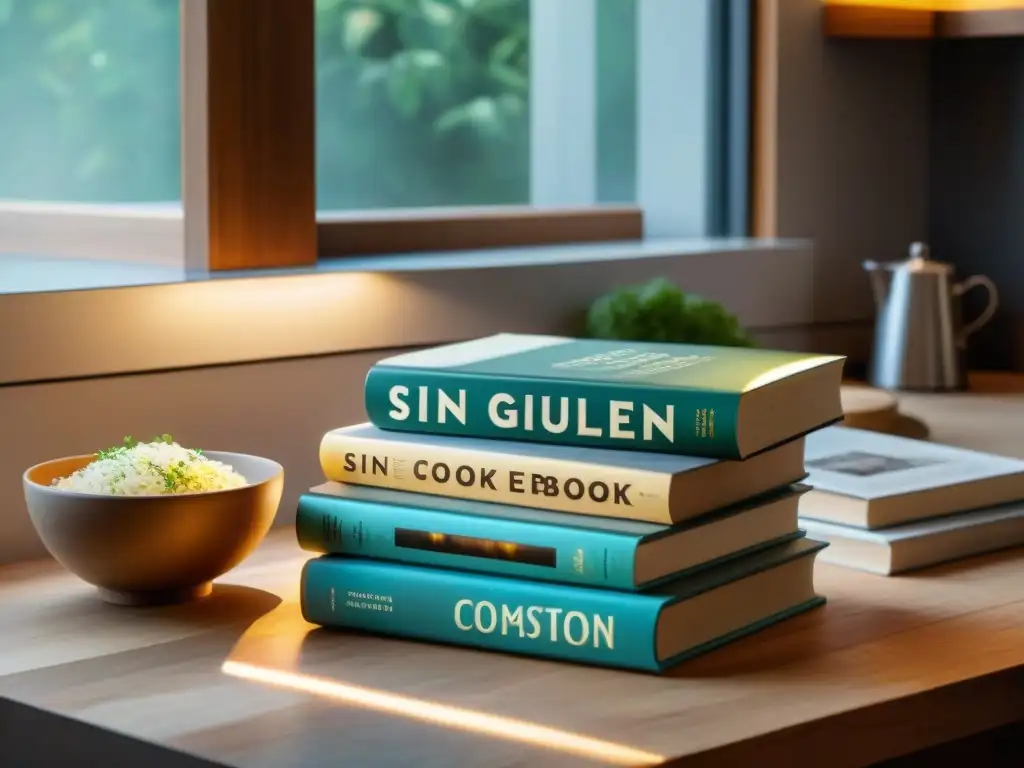 Una mesa de cocina rústica con libros de cocina