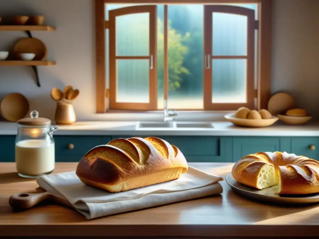 Una mesa de cocina rústica llena de delicias horneadas sin gluten, bañada en cálida luz natural