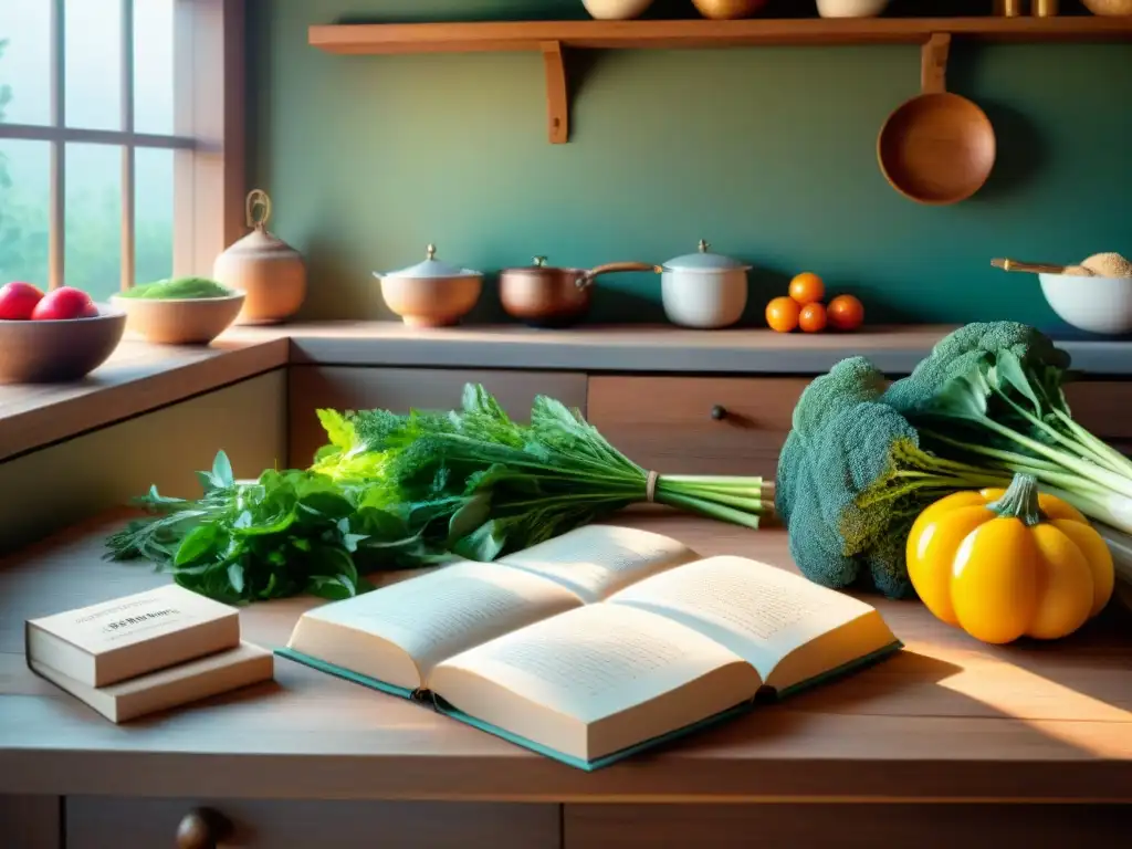 Una mesa de cocina rústica llena de recetas familiares sin gluten tradicionales, libros antiguos y utensilios de cocina vintage