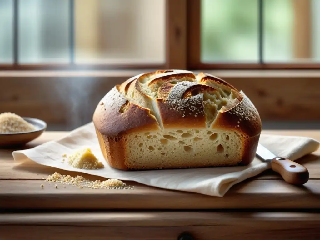 Una mesa de cocina rústica con pan de harina de amaranto sin gluten recién horneado, en ambiente cálido y acogedor