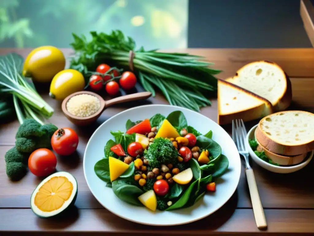 Una mesa de cocina sin gluten saludable con coloridos platos, ensaladas frescas y pan artesanal, en un entorno natural lleno de luz