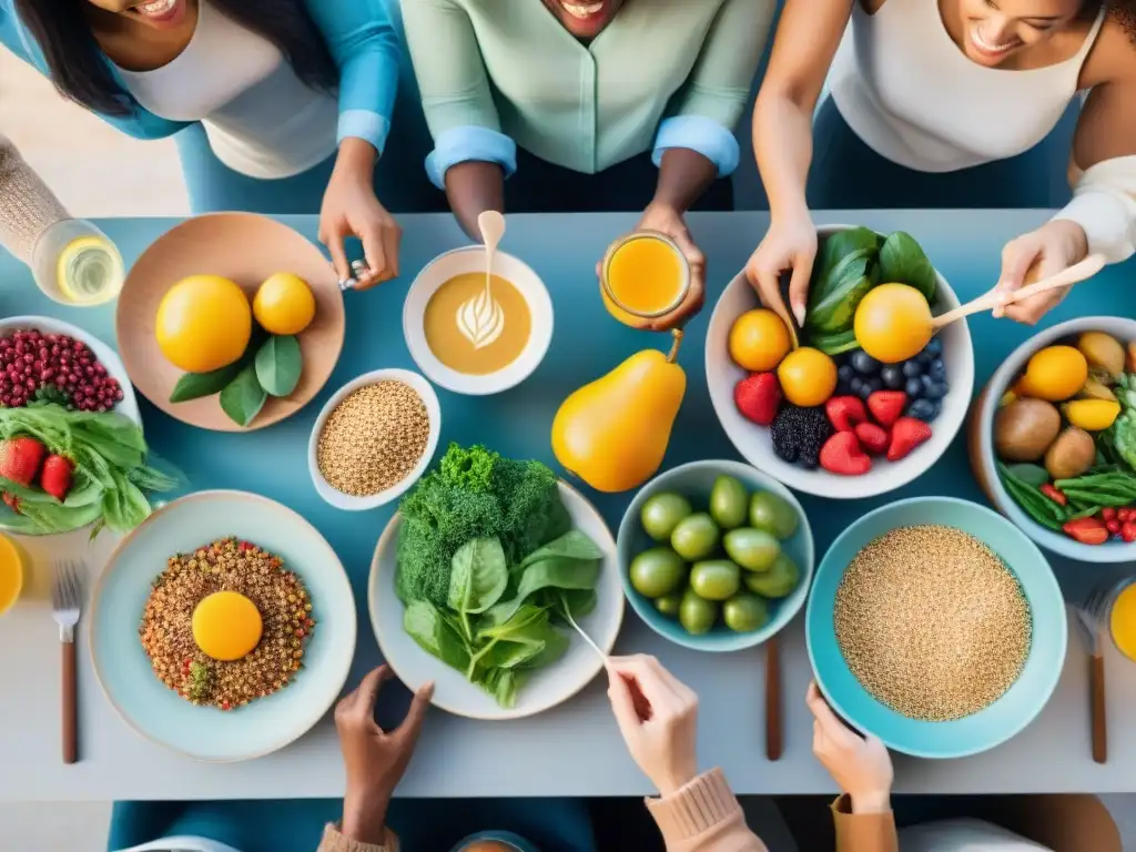 Una mesa colorida con comida sin gluten y personas felices compartiendo una comida, creando un ambiente cálido y de comunidad