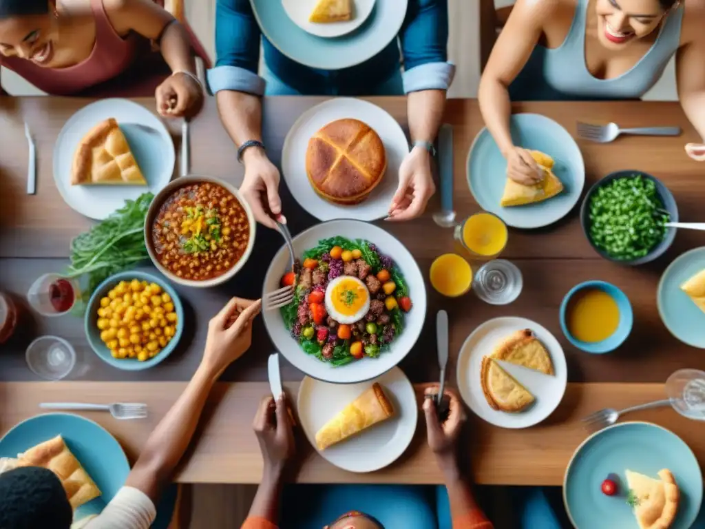 Una mesa colorida con comida sin gluten etiquetada claramente, donde un grupo diverso comparte una comida alegre juntos