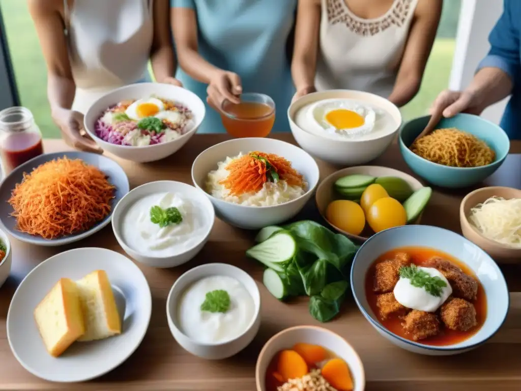 Una mesa colorida y diversa con personas felices disfrutando de alimentos probióticos sin gluten