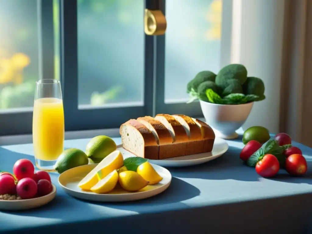 Una mesa colorida con frutas y verduras, pan sin gluten, agua de limón y libros sobre vida saludable