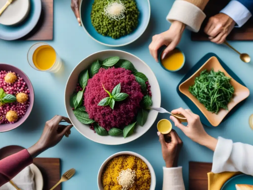 Una mesa colorida llena de platos de amaranto sin gluten, donde personas de diferentes edades y culturas comparten una comida alegre