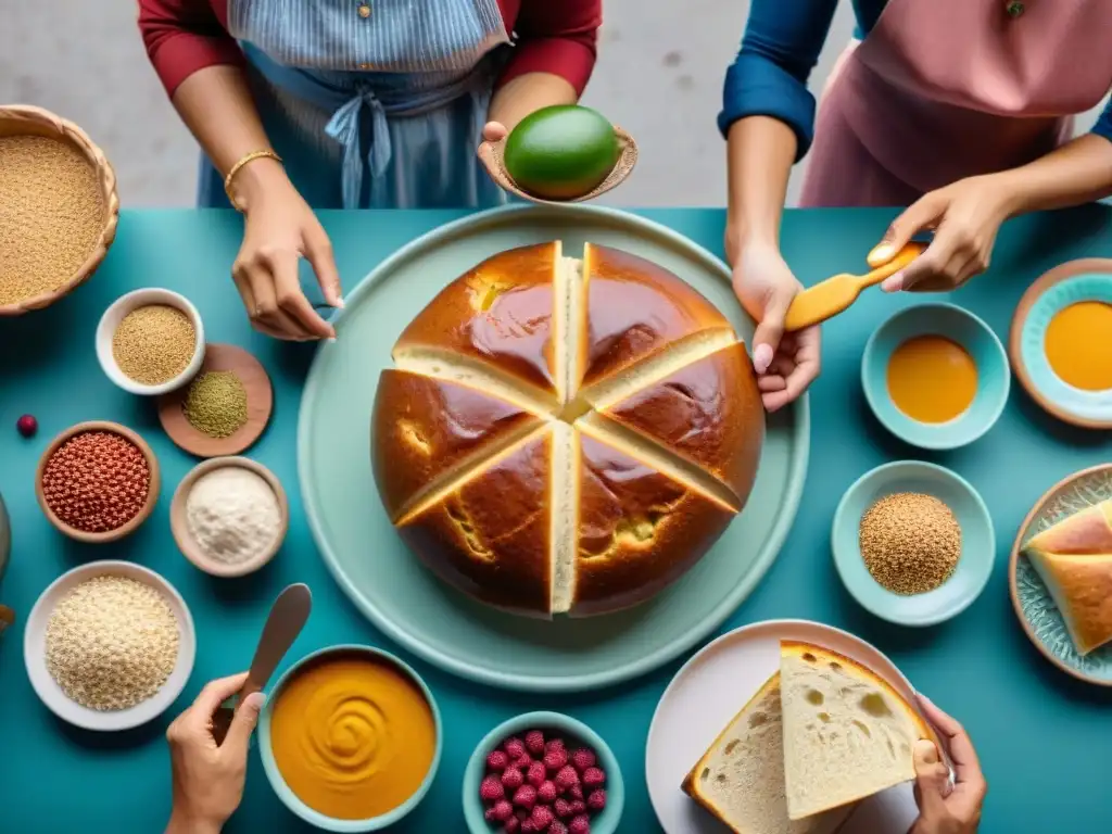 Una mesa colorida con Panes latinos sin gluten innovadores y personas disfrutando de la comunidad culinaria