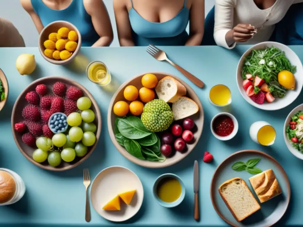 Una mesa colorida con personas disfrutando de deliciosa comida sin gluten, creando un ambiente cálido y de conexión