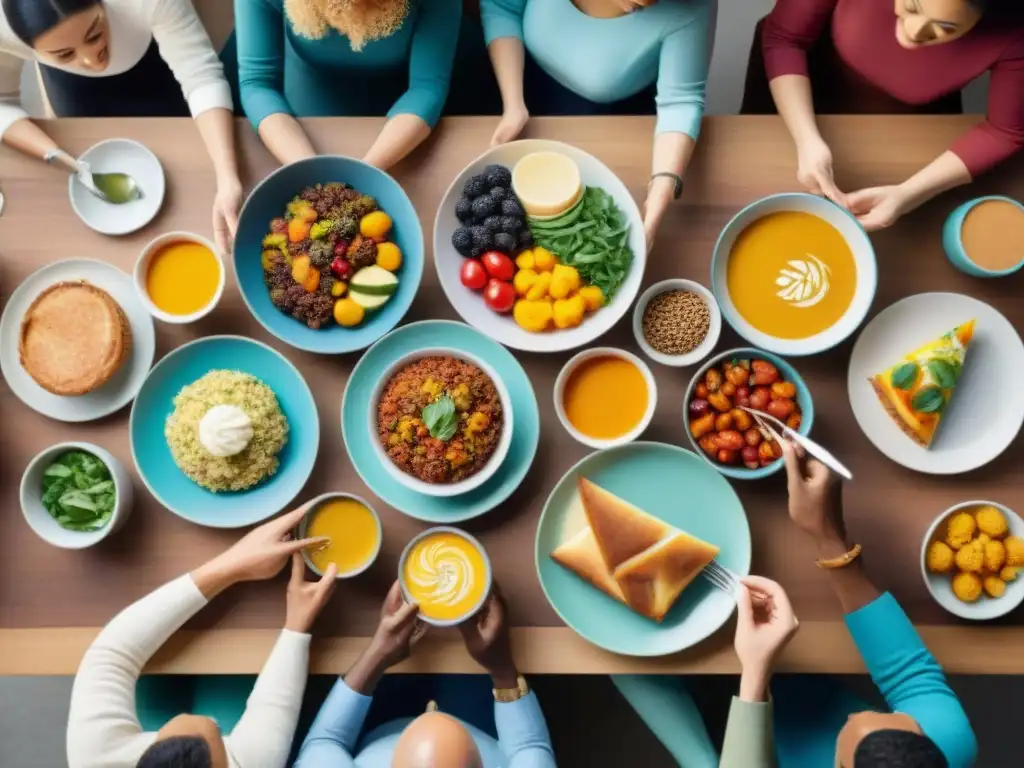 Una mesa colorida con personas diversas disfrutando de una comida sin gluten