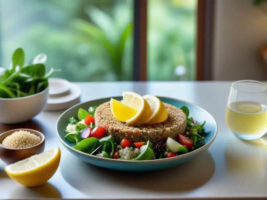 Una mesa de comedor acogedora iluminada por el sol, con deliciosos platillos sin gluten